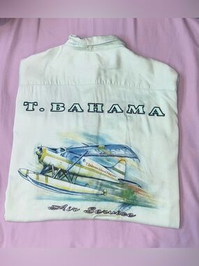 VTG Tommy Bahama Shirt Men Large Teal Air  Service Island Rayon Button Up LRG